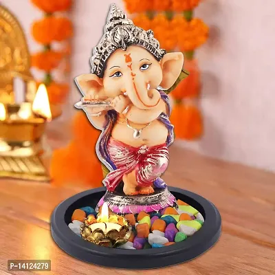 Mariner's Creation Polyresin and Marble Dust Ganesha Idol Playing Flute with Wooden Tray (19.5X19.5X20 cm, Brown)-thumb0