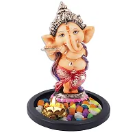 Mariner's Creation Polyresin and Marble Dust Ganesha Idol Playing Flute with Wooden Tray (19.5X19.5X20 cm, Brown)-thumb3