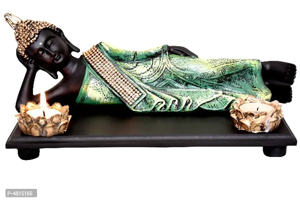 Buddha statue with two t light holder and wooden tray for gift and home decor size- 31x11x15 cm