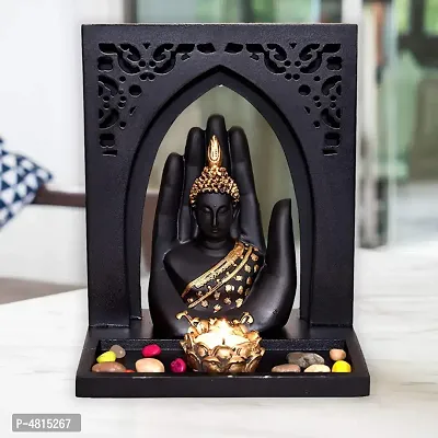 Buddha statue with wooden royal tray and t light holder size- 19x15x23 cm