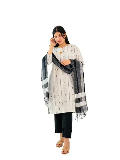 Elegant Khadi Cotton Self Pattern Kurta Bottom Dupatta Set