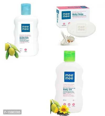 Mee Mee Gentle Baby Bubble Bath  Nourishing Baby Oil (Each, 200ml) with Nourishing Baby Soap 75g - Combo of 3 Items