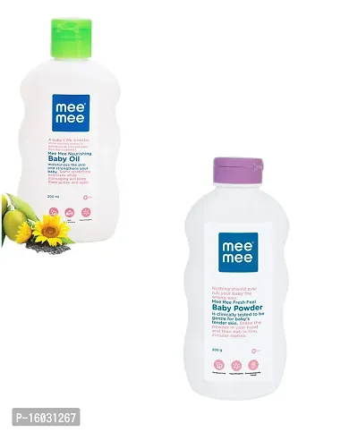 Mee Mee Nourishing Baby Oil 200ml  Fresh feel Baby Powder 200g - Combo of 2 items