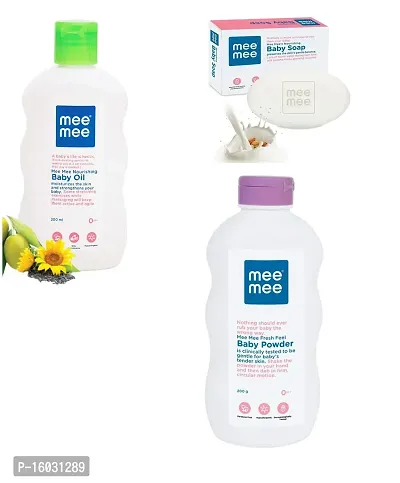 Mee Mee Nourishing Baby Oil 200ml  Fresh feel Baby Powder 200g  Baby Soap 75g - Combo of 3 items