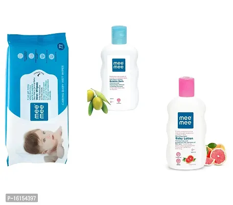 Mee Mee Bubble Bath  Baby Lotion (Each,200ml)  Caring Baby Wet Wipes (72 pcs) - Combo of 3 Items