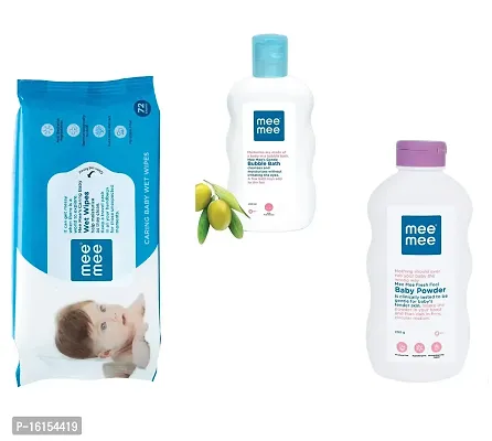 Mee Mee Bubble Bath  Baby Powder (Each,200 ml/gm)  Caring Baby Wet Wipes (72 pcs) - Combo of 3 Items