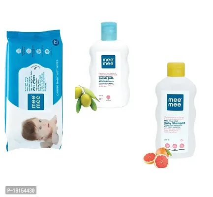 Mee Mee Bubble Bath  Baby Shampoo (Each,200 ml)  Caring Baby Wet Wipes (72 pcs) - Combo of 3 Items