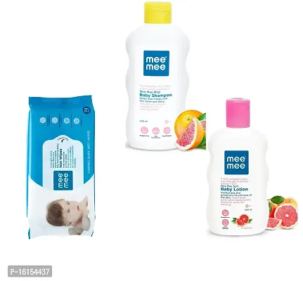 Mee Mee Baby Shampoo  Baby Lotion (Each,200 ml)  Caring Baby Wet Wipes (72 pcs) - Combo of 3 Items