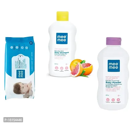 Mee Mee Baby Shampoo  Baby Powder (Each,200 ml/gm)  Caring Baby Wet Wipes (72 pcs) - Combo of 3 Items