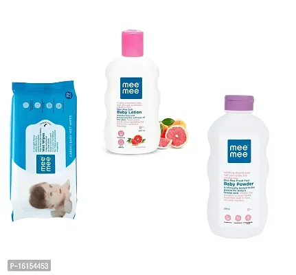 Mee Mee Baby Lotion  Baby Powder (Each,200 ml/gm)  Caring Baby Wet Wipes (72 pcs) - Combo of 3 Items