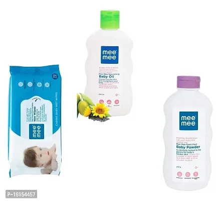 Mee Mee Baby Oil  Baby Powder (Each,200 ml/gm)  Caring Baby Wet Wipes (72 pcs) - Combo of 3 Items