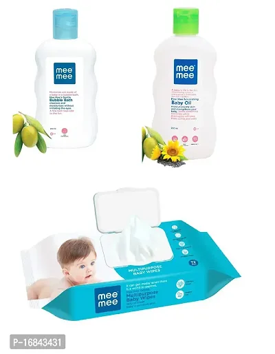 Mee Baby Bubble Bath 200ml  Baby Oil 200ml  Baby Wet Wipes with Lid (72 Pc) - Combo of 3 Items