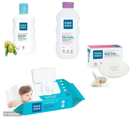 Mee Baby Bubble Bath 200ml  Baby Powder 200g  Baby Wet Wipes with Lid (72 Pc)  Baby Soap 75g - Combo of 4 Items