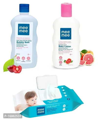 Mee Mee Bubble Bath  Baby Lotion (Each, 500ml)  Baby Wet Wipes with Lid (72 Pc) - Combo of 3 Items