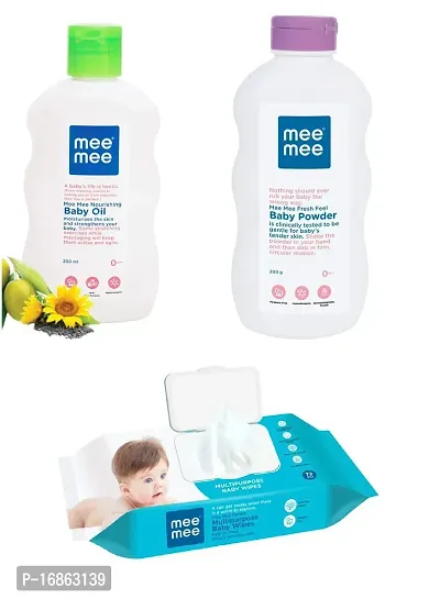 Mee Mee Baby Oil  Powder (Each, 200 ml/gm)  Baby Wet Wipes with Lid (72 Pc) - Combo of 3 Items