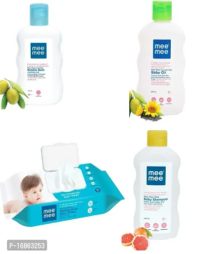 Mee Mee Bubble Bath  Baby Shampoo  Baby Oil (Each, 200ml)  Wet Wipes with Lid (72 Pc)  - Combo of 4 Items