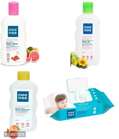 Mee Mee Baby Shampoo, Baby Lotion, Baby Oil (Each, 200ml) and Caring Baby Wet Wipes with Lid (72 Pc) - Combo of 4 Items