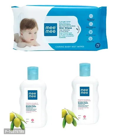 Mee Mee Caring Baby Wet Wipes (72 Pc) and Baby Bubble Bath (2 x 200ml) - Combo of 3 Items