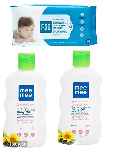 Mee Mee Caring Baby Wet Wipes (72 Pc) and Baby Oil (2 x 200ml) - Combo of 3 Items