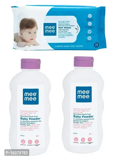 Mee Mee Caring Baby Wet Wipes (72 Pc) and Fresh Feel Baby Powder (2 x 200gm) - Combo of 3 Items-thumb0