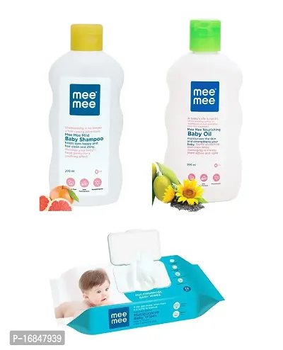 Mee Mee Baby Shampoo  Oil (Each, 200ml)  Baby Wet Wipes with Lid (72 Pc) - Combo of 3 Items