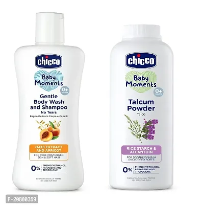 Chicco Baby Moments Gentle Body Wash and Shampoo 200ml with Talcum Powder (150 gm) Combo of 2 Items