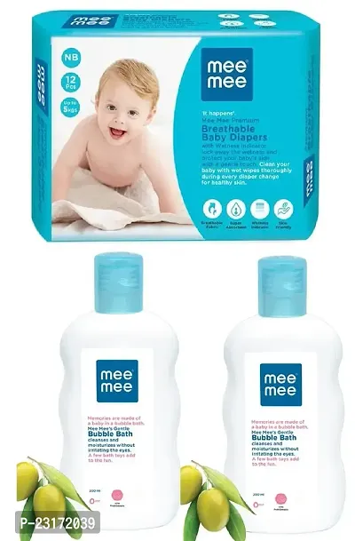 Mee Mee Gentle Baby Bubble Bath (2x200ml) with Premium Breathable Baby Diaper (12pcs, Upto 5 Kg)- Combo of 3 Items