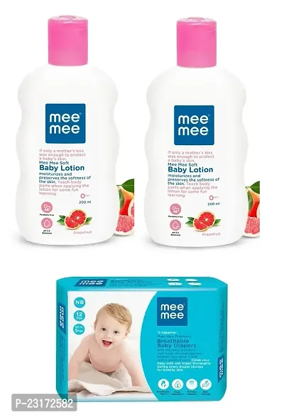 Mee Mee Soft Baby Body Lotion (2x200ml) with Premium Breathable Baby Diaper (12pcs, Upto 5 Kg)- Combo of 3 Items