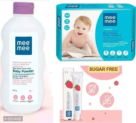 Mee Mee Fresh Feel Baby Powder (200g) with Baby Diaper (12pcs, Upto 5 Kg) and Mild Toddler Strawberry Flavour Toothpaste 12m+ (70g) - Combo of 3 Items