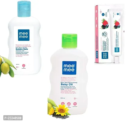 Mee Mee Gentle Baby Bubble Bath 200ml and Nourishing Baby Oil 200ml with Mild Toddler Berry Flavour Toothpaste 12M+ (70g) - Combo of 3 Items-thumb0