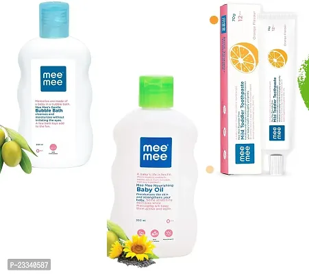 Mee Mee Gentle Baby Bubble Bath 200ml and Nourishing Baby Oil 200ml with Mild Toddler Orange Flavour Toothpaste 12M+ (70g) - Combo of 3 Items