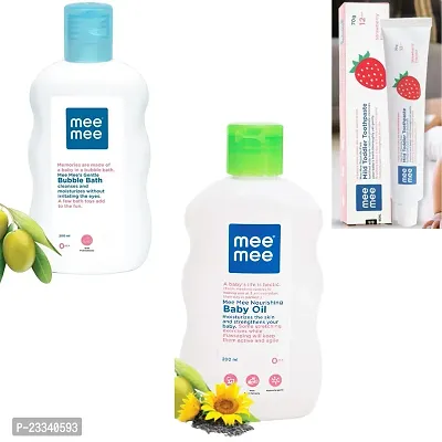 Mee Mee Gentle Baby Bubble Bath 200ml and Nourishing Baby Oil 200ml with Mild Toddler Strawberry Flavour Toothpaste 12M+ (70g) - Combo of 3 Items