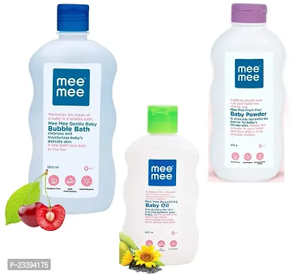 Mee Mee Gentle Baby Bubble Bath (500ml) with Baby Powder 200g and Baby Oil 200ml - Combo Pack
