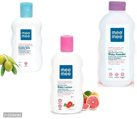 Mee Mee Gentle Baby Bubble Bath with Soft Baby Body Lotion and Baby Powder (Each,200 ml/gm) - Combo Pack of 3