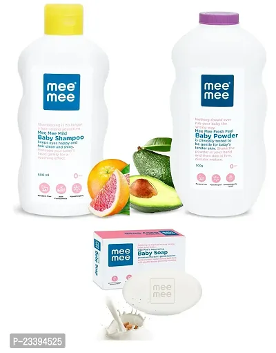 Mee Mee Mild Baby Shampoo 500ml and Baby Powder 500g with Baby Soap 75g - Combo of 3 Items