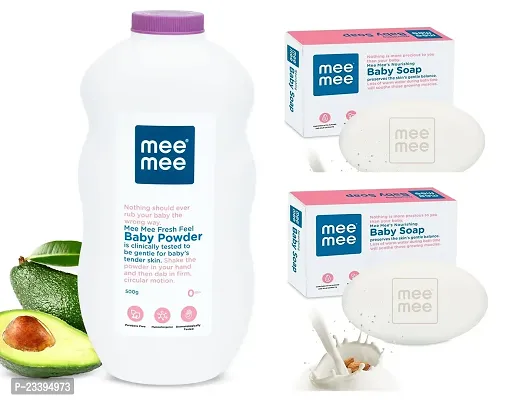 Mee Mee Fresh Feel Baby Powder 500gm with Moisturising Baby Soap 2x75g - Combo of 3 Items