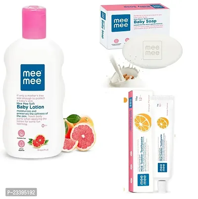 Mee Mee Soft Baby Body Lotion 500ml with Moisturising Baby Soap 75g and Mild Toddler Orange Flavour Toothpaste 12M+ (70g) - Combo of 3 Items