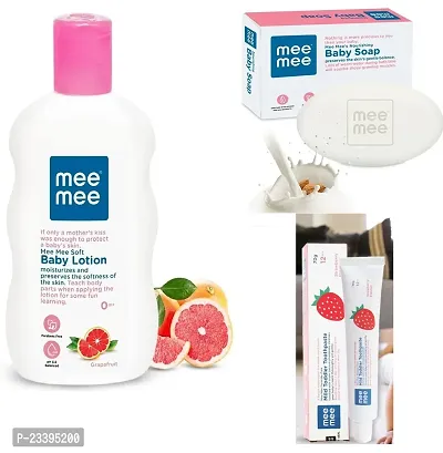 Mee Mee Soft Baby Body Lotion 500ml with Moisturising Baby Soap 75g and Mild Toddler Strawberry Flavour Toothpaste 12M+ (70g) - Combo of 3 Items