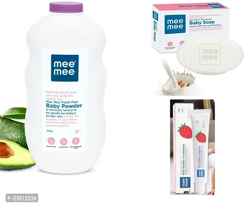 Mee Mee Fresh Feel Baby Powder 500g with Moisturising Baby Soap 75g and Mild Toddler Strawberry Flavour Toothpaste 12M+ (70g) - Combo of 3 Items