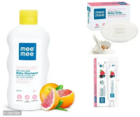 Mee Mee Mild Baby Shampoo 500ml with Moisturising Baby Soap 75g and Mild Toddler Berry Flavour Toothpaste 12M+ (70g) - Combo of 3 Items