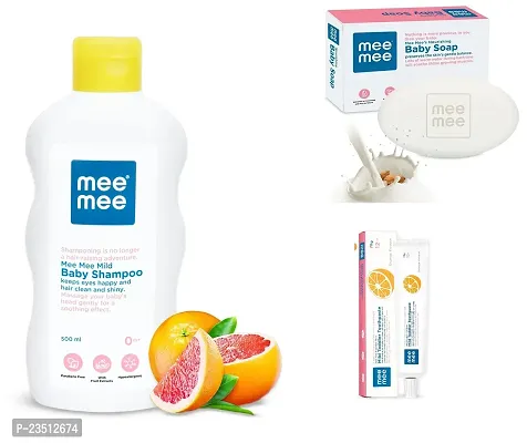 Mee Mee Mild Baby Shampoo 500ml with Moisturising Baby Soap 75g and Mild Toddler Orange Flavour Toothpaste 12M+ (70g) - Combo of 3 Items