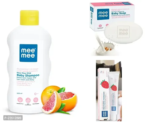 Mee Mee Mild Baby Shampoo 500ml with Moisturising Baby Soap 75g and Mild Toddler Strawberry Flavour Toothpaste 12M+ (70g) - Combo of 3 Items