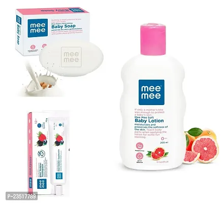 Mee Mee Soft Baby Body Lotion 200ml with Moisturising Baby Soap 75g and Mild Toddler Berry Flavour Toothpaste 12M+ (70g) - Combo of 3 Items