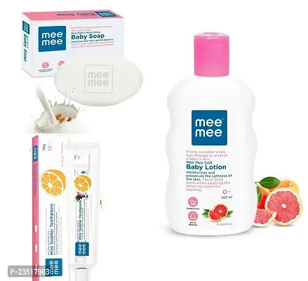 Mee Mee Soft Baby Body Lotion 200ml with Moisturising Baby Soap 75g and Mild Toddler Orange Flavour Toothpaste 12M+ (70g) - Combo of 3 Items