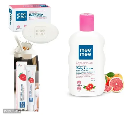 Mee Mee Soft Baby Body Lotion 200ml with Moisturising Baby Soap 75g and Mild Toddler Strawberry Flavour Toothpaste 12M+ (70g) - Combo of 3 Items