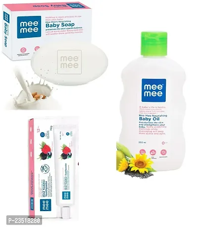 Mee Mee Nourishing Baby Oil 200ml with Moisturising Baby Soap 75g and Mild Toddler Berry Flavour Toothpaste 12M+ (70g) - Combo of 3 Items