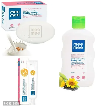 Mee Mee Nourishing Baby Oil 200ml with Moisturising Baby Soap 75g and Mild Toddler Orange Flavour Toothpaste 12M+ (70g) - Combo of 3 Items