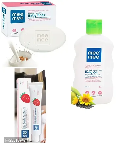 Mee Mee Nourishing Baby Oil 200ml with Moisturising Baby Soap 75g and Mild Toddler Strawberry Flavour Toothpaste 12M+ (70g) - Combo of 3 Items