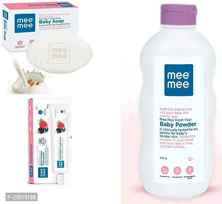 Mee Mee Fresh Feel Baby Powder 200g with Moisturising Baby Soap 75g and Mild Toddler Berry Flavour Toothpaste 12M+ (70g) - Combo of 3 Items