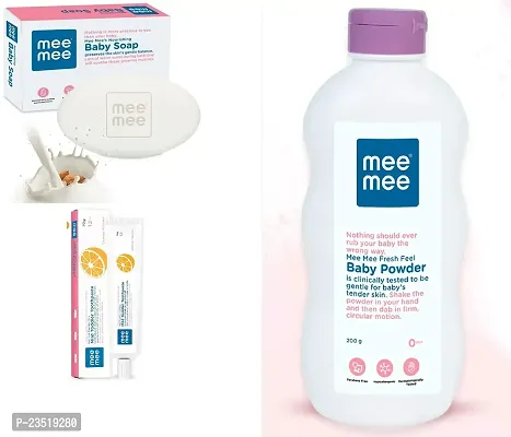 Mee Mee Fresh Feel Baby Powder 200g with Moisturising Baby Soap 75g and Mild Toddler Orange Flavour Toothpaste 12M+ (70g) - Combo of 3 Items